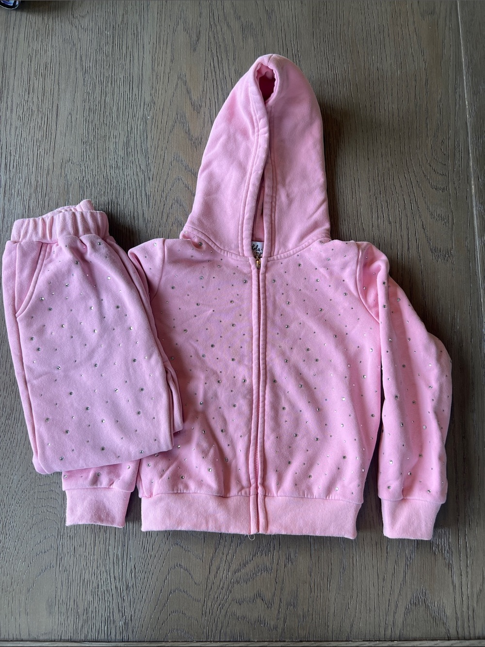 Lola & the Boys Girls Pink Hooded Zip Sweatshirt & Joggers Set with Rhinestones